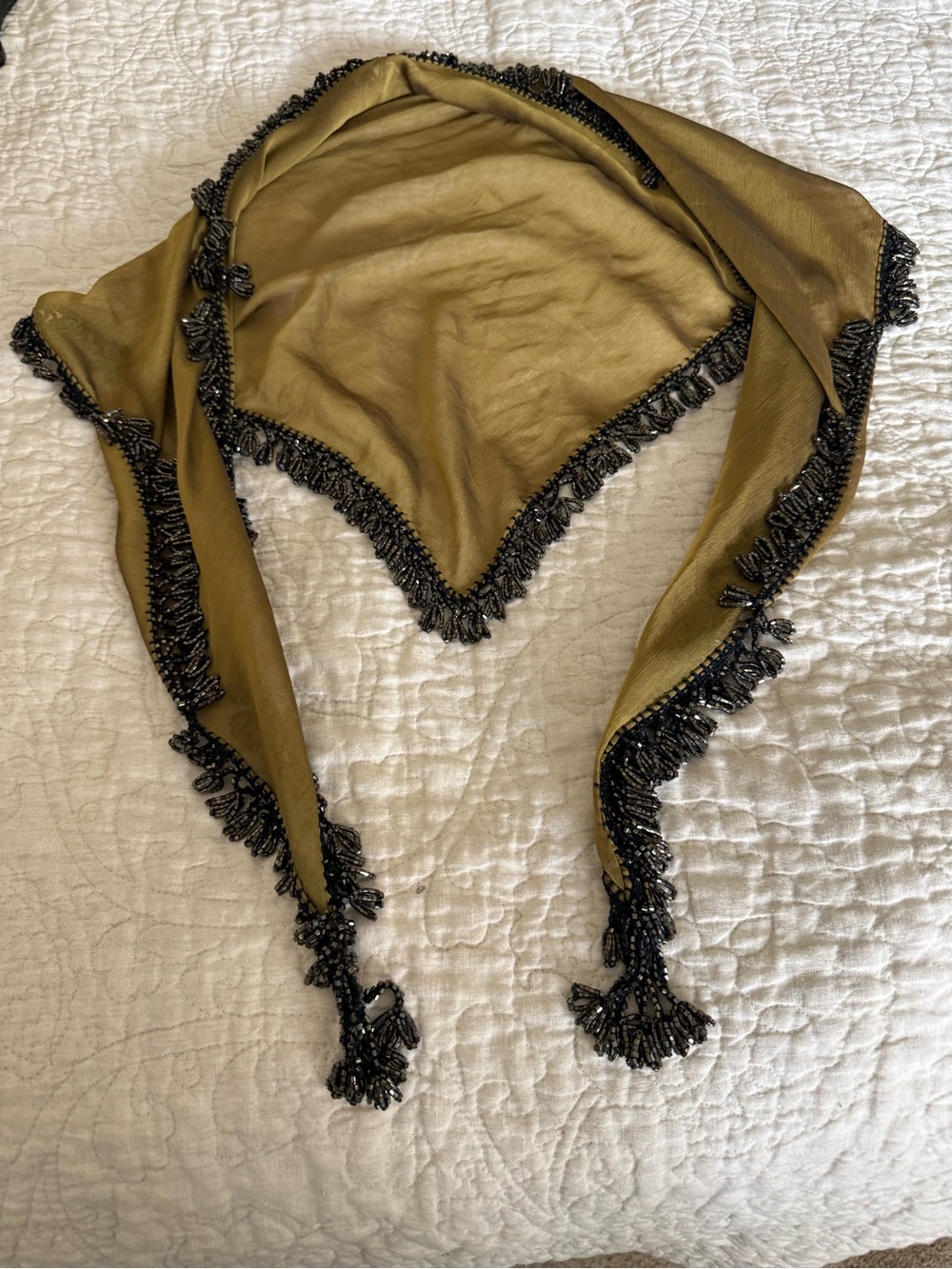 Unlisted Olive Green Scarf with Black Beaded Fringe
